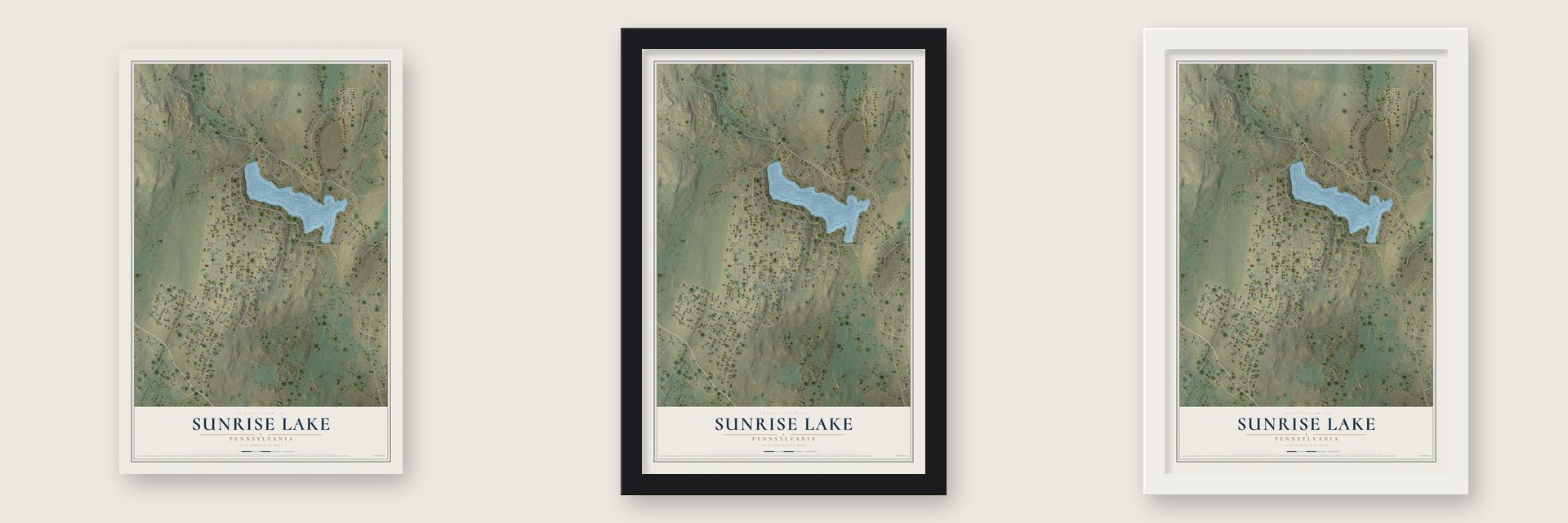 Sunrise Lake, Pennsylvania map unframed, in a black wood frame and in a white wood frame