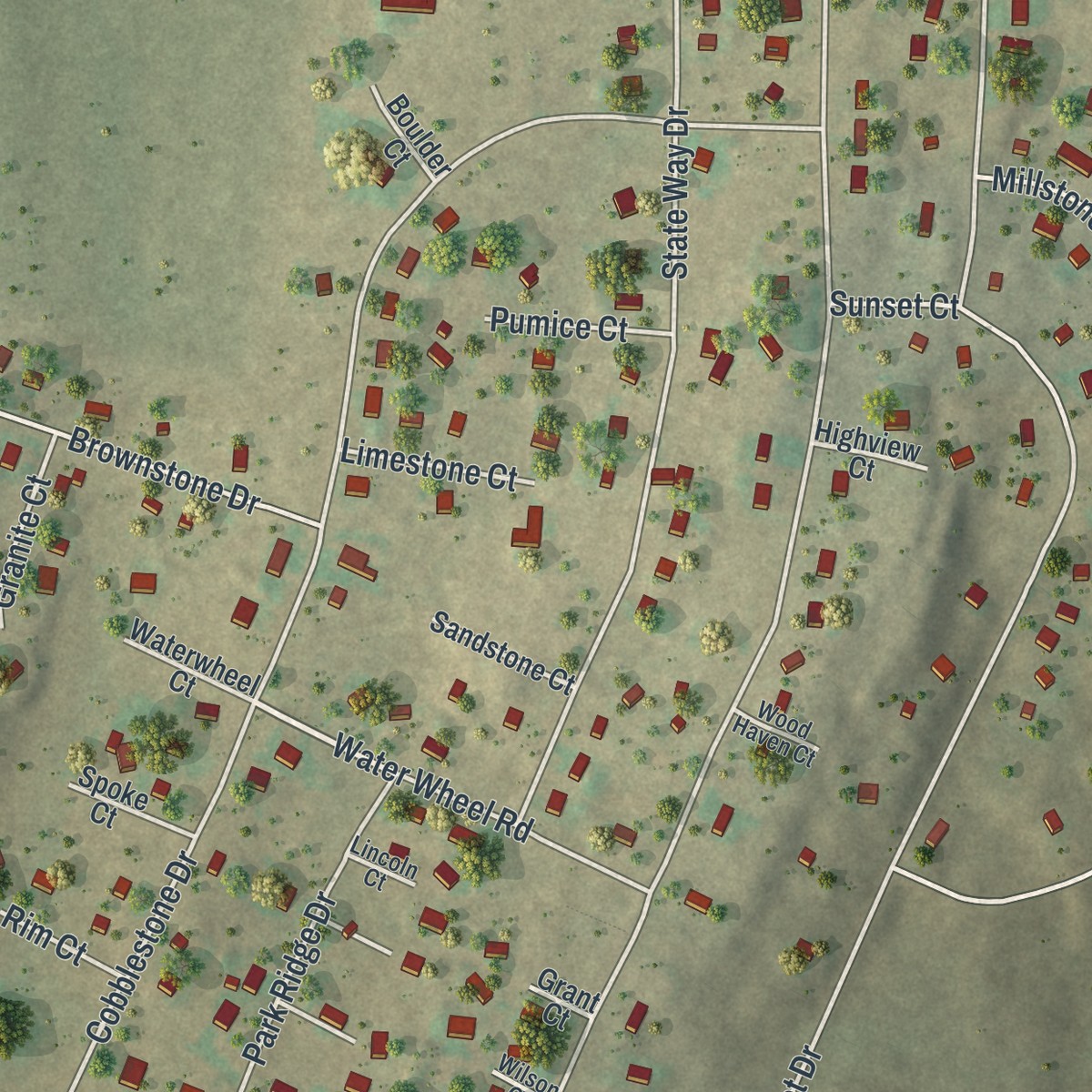 Second close-up of the map of Sunrise Lake, Pennsylvania print showing more streets and buildings