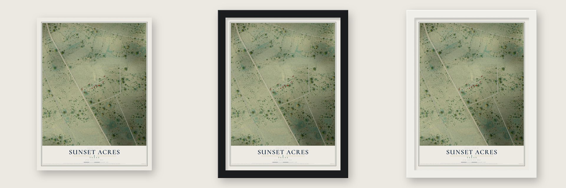 Sunset Acres, Texas map unframed, in a black wood frame and in a white wood frame