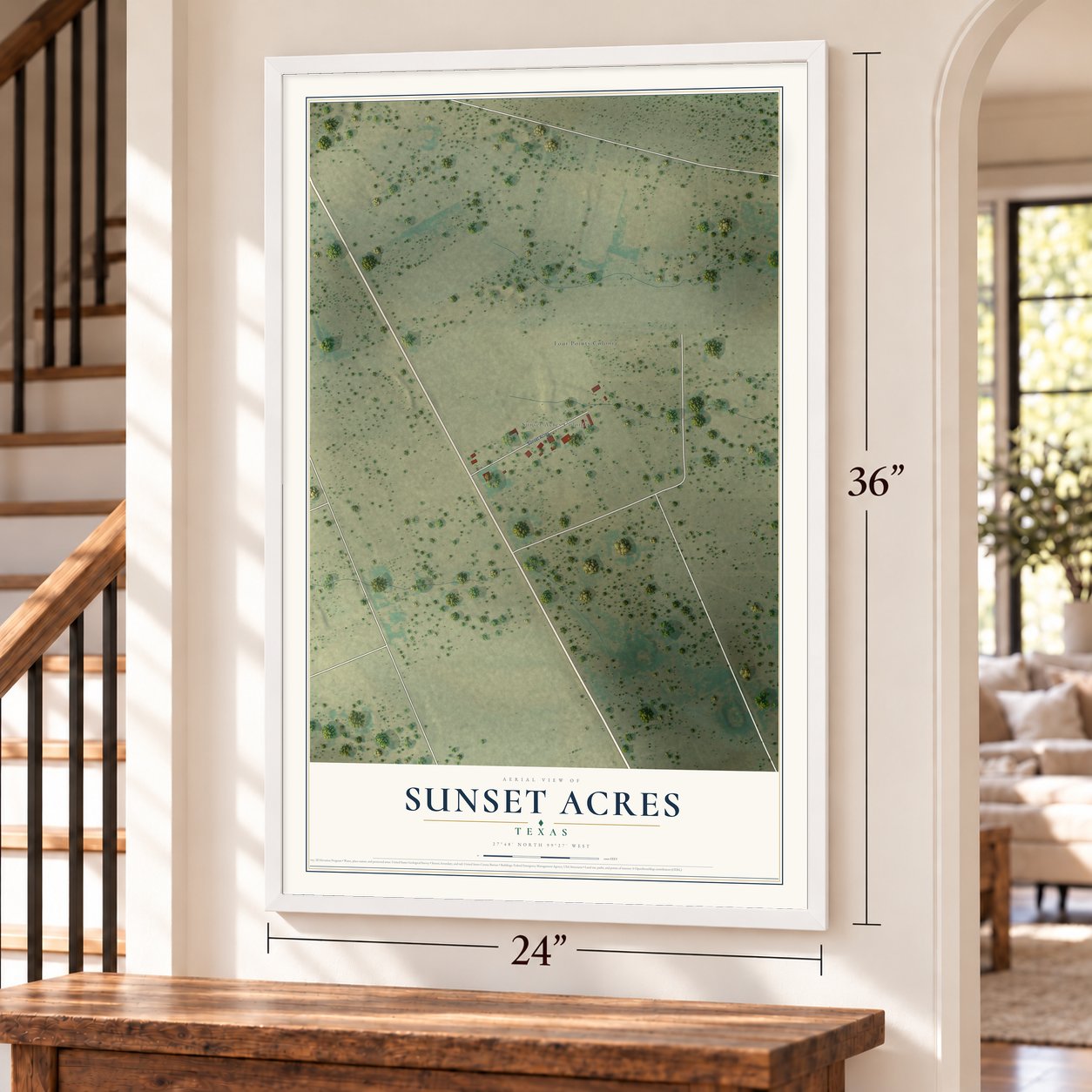 Sunset Acres, Texas map, 24 x 36 inch print in a white frame by a staircase