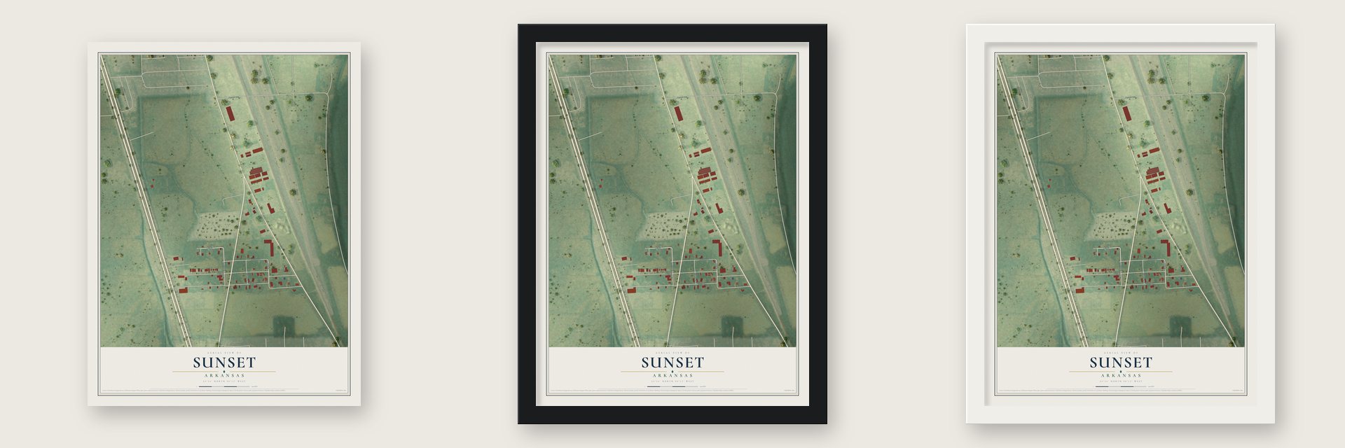 Sunset, Arkansas map unframed, in a black wood frame and in a white wood frame