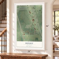 Sunset, Arkansas map, 24 x 36 inch print in a white frame by a staircase
