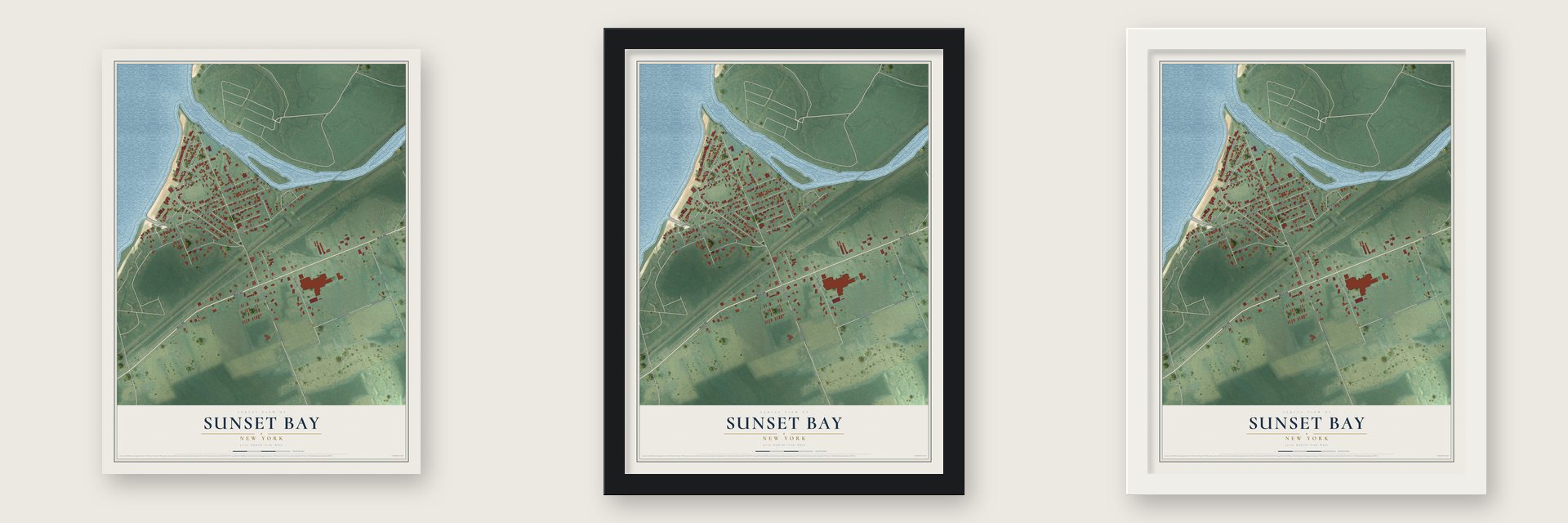 Sunset Bay, New York map unframed, in a black wood frame and in a white wood frame