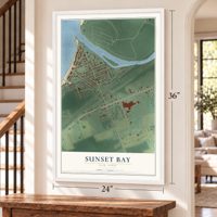 Sunset Bay, New York map, 24 x 36 inch print in a white frame by a staircase