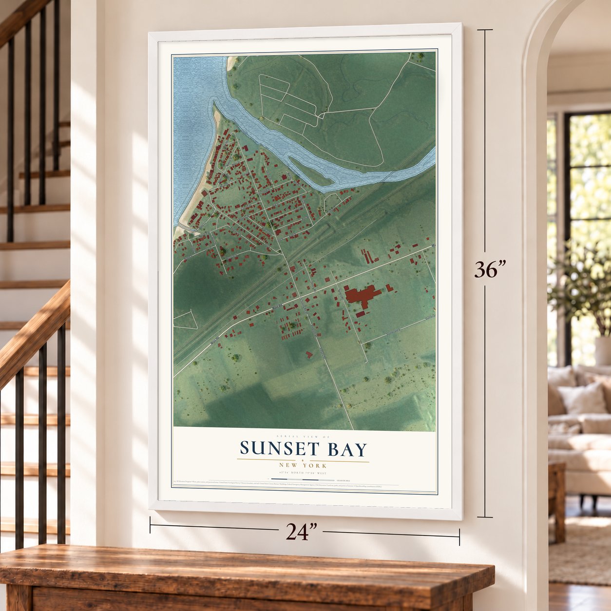 Sunset Bay, New York map, 24 x 36 inch print in a white frame by a staircase