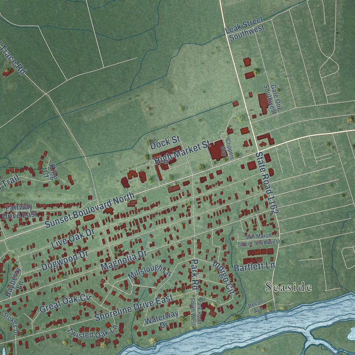 Second close-up of the map of Sunset Beach, North Carolina print showing more streets and buildings
