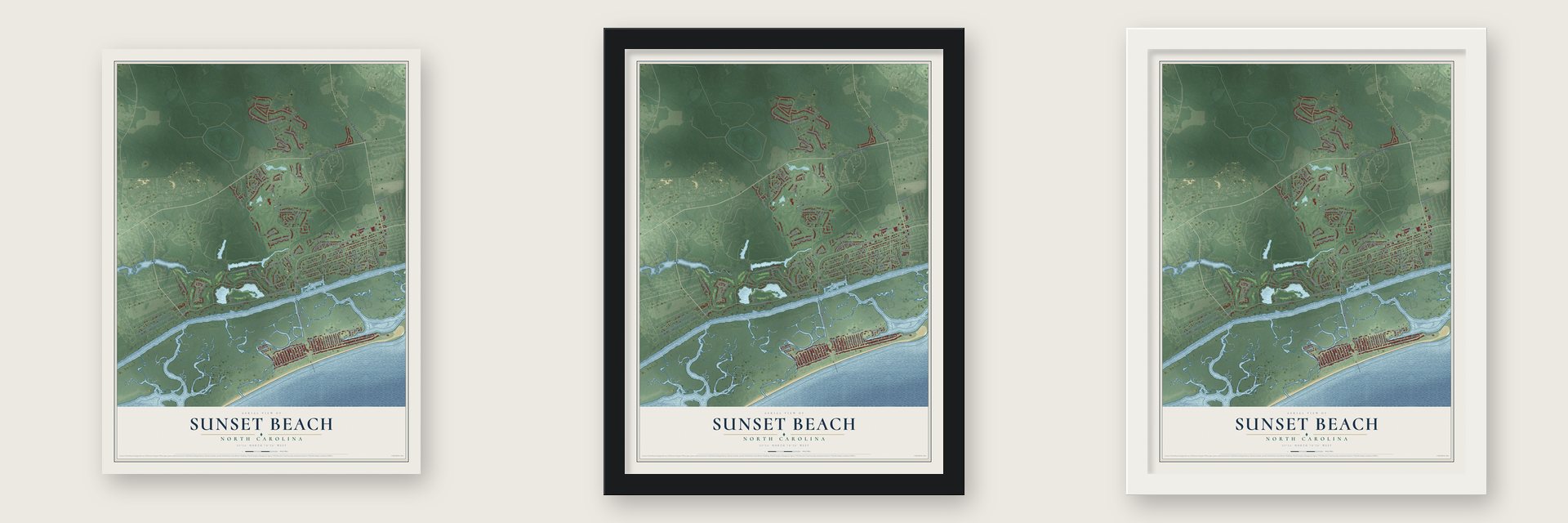 Sunset Beach, North Carolina map unframed, in a black wood frame and in a white wood frame