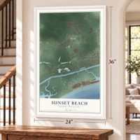 Sunset Beach, North Carolina map, 24 x 36 inch print in a white frame by a staircase
