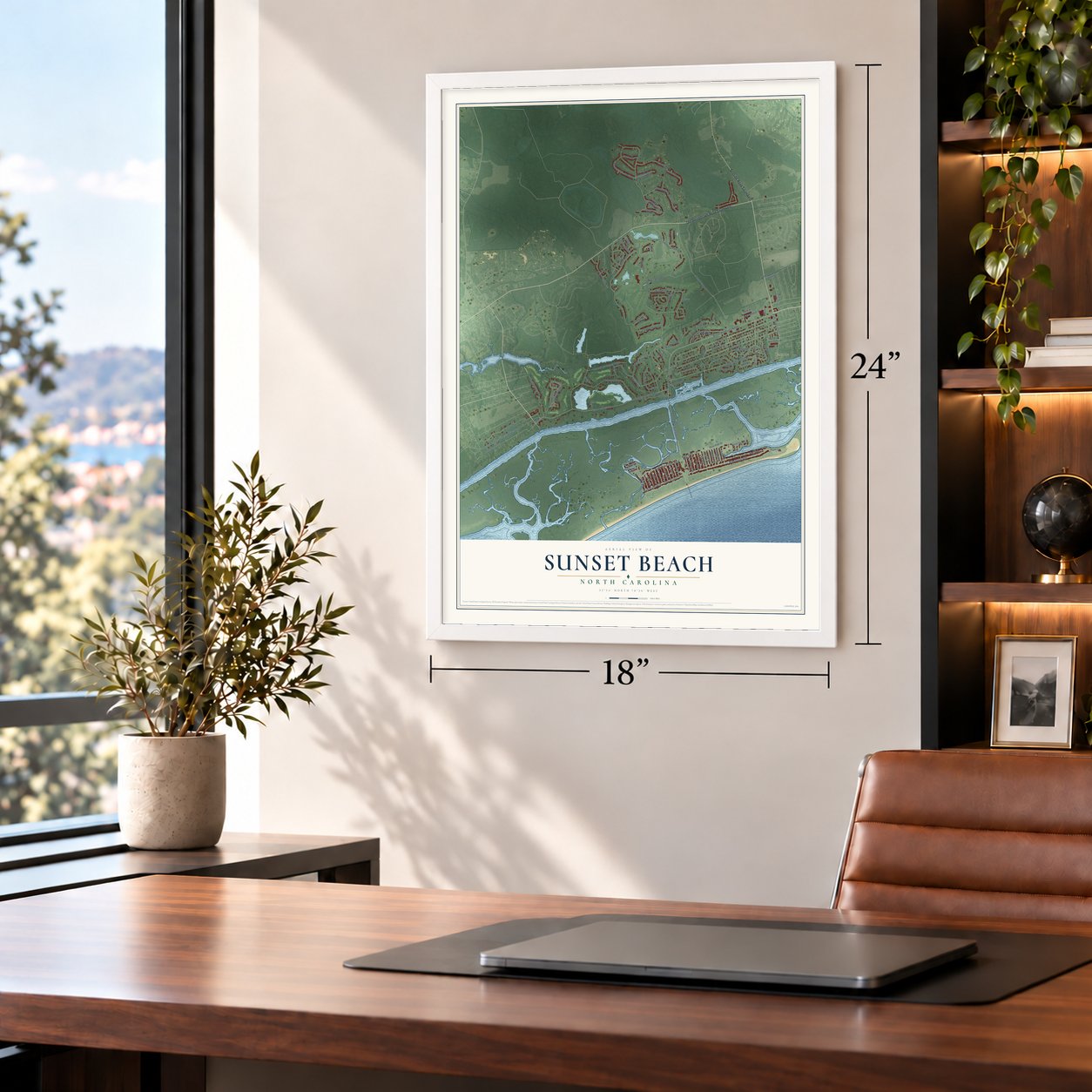 Sunset Beach, North Carolina map, 18 x 24 inch print in a white frame in a home office