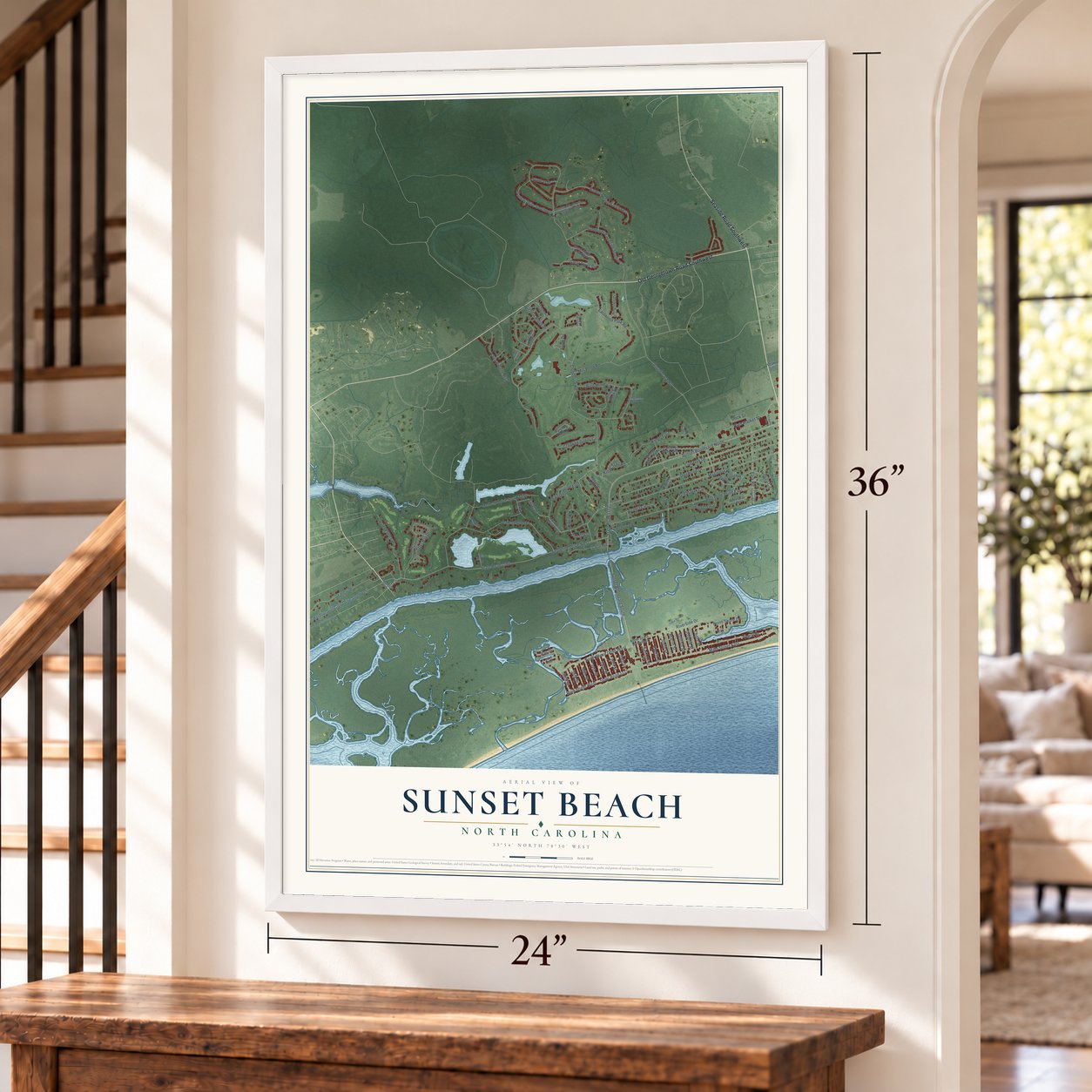 Sunset Beach, North Carolina map, 24 x 36 inch print in a white frame by a staircase