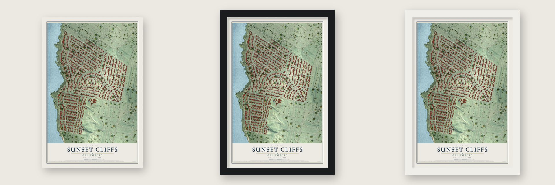 Sunset Cliffs, California map unframed, in a black wood frame and in a white wood frame