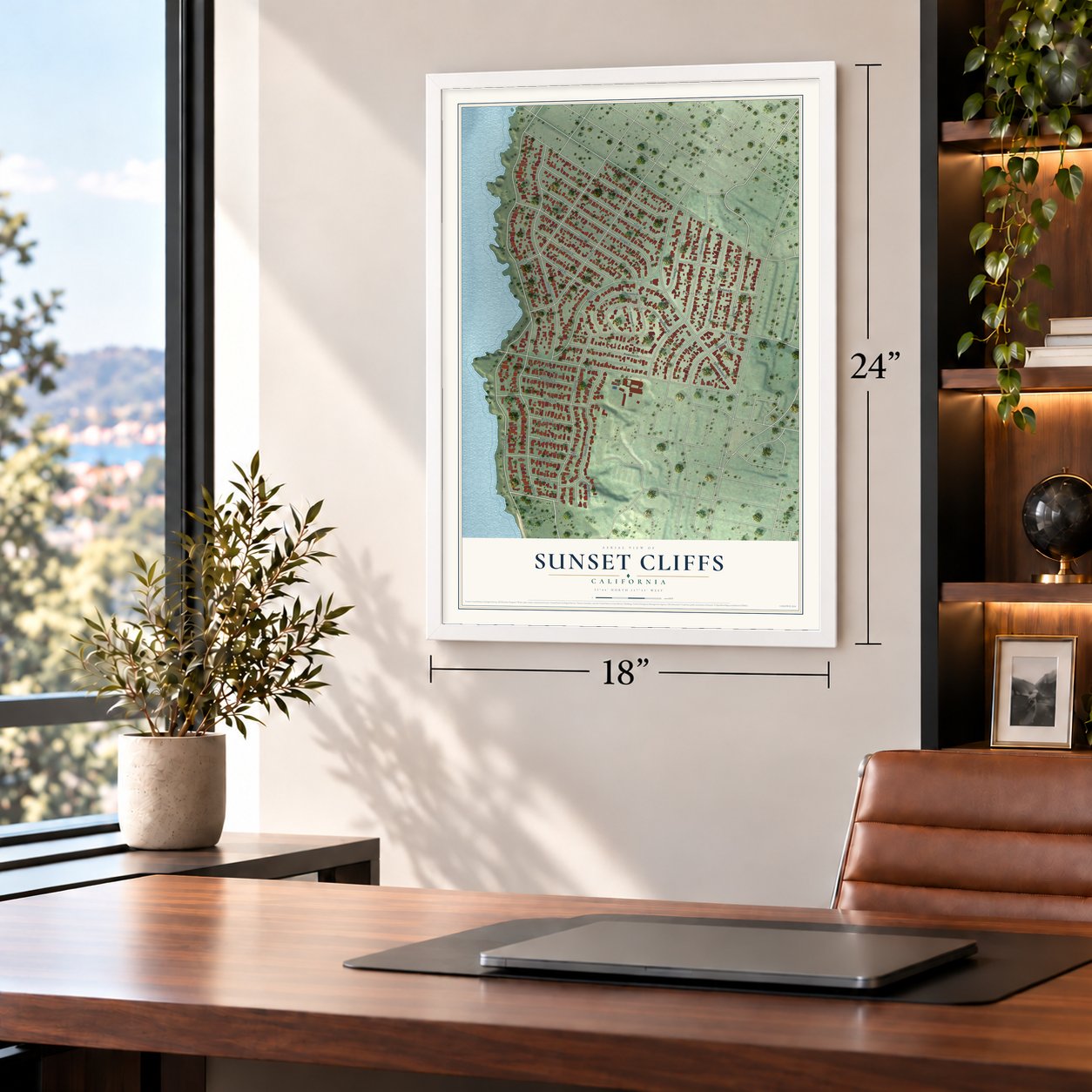 Sunset Cliffs, California map, 18 x 24 inch print in a white frame in a home office