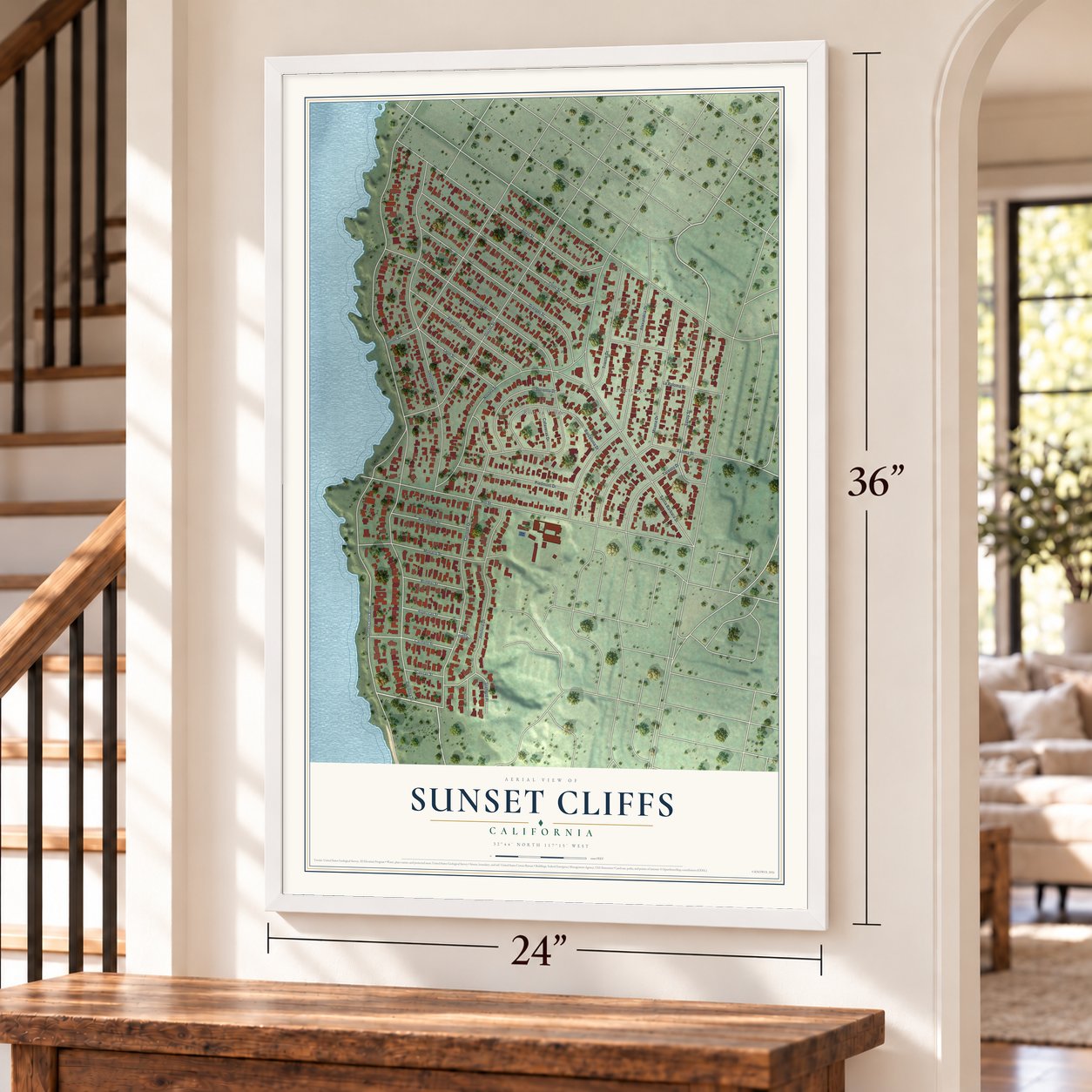 Sunset Cliffs, California map, 24 x 36 inch print in a white frame by a staircase