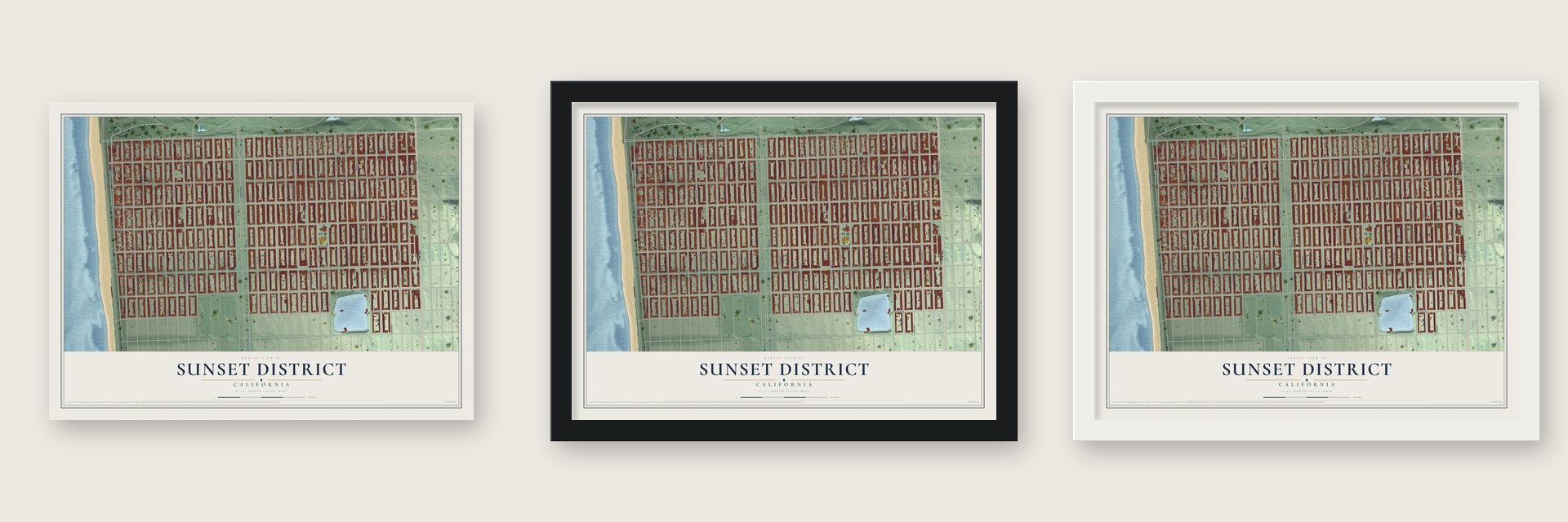 Sunset District, California map unframed, in a black wood frame and in a white wood frame