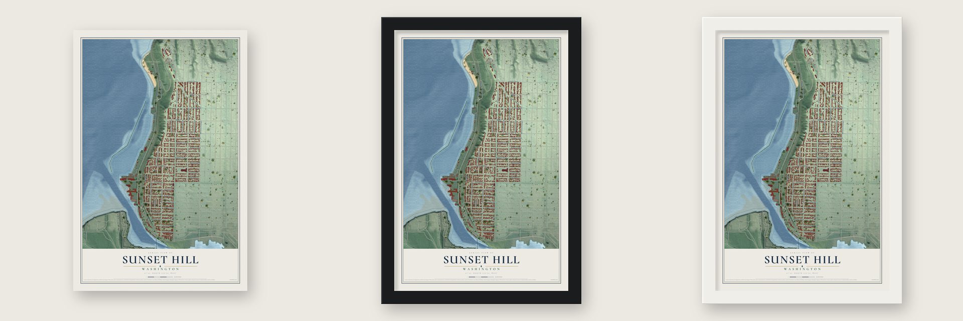Sunset Hill, Washington map unframed, in a black wood frame and in a white wood frame