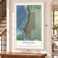Sunset Hill, Washington map, 24 x 36 inch print in a white frame by a staircase