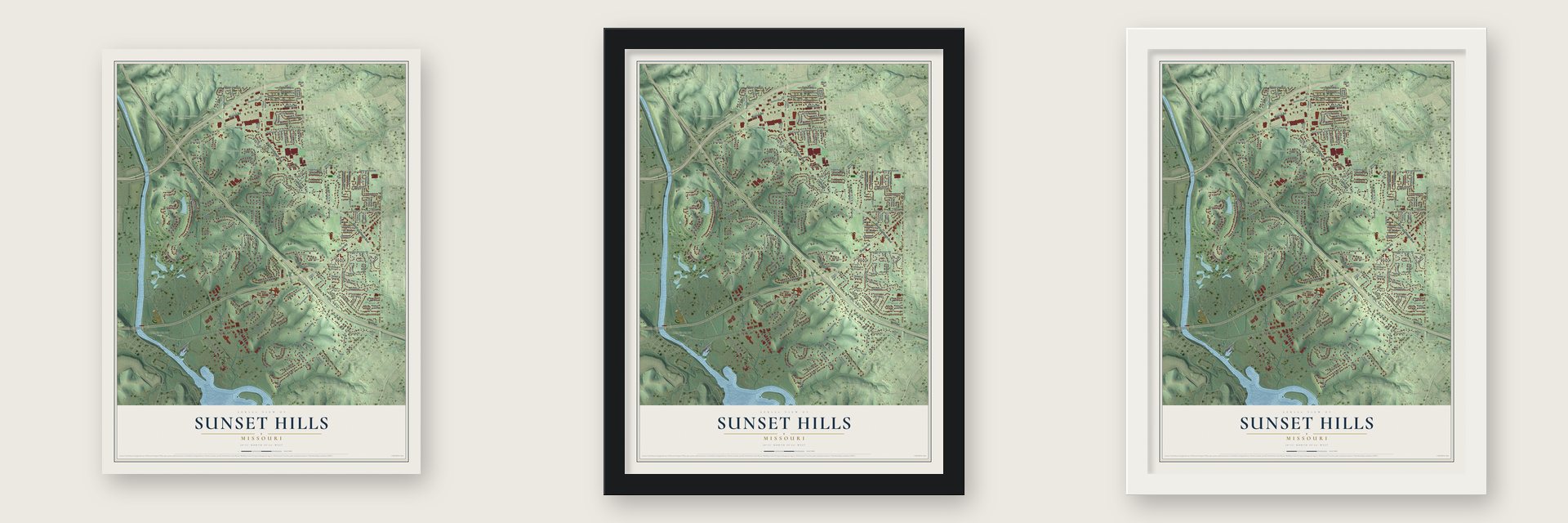 Sunset Hills, Missouri map unframed, in a black wood frame and in a white wood frame