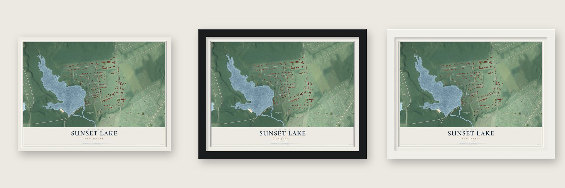 Sunset Lake, New Jersey map unframed, in a black wood frame and in a white wood frame