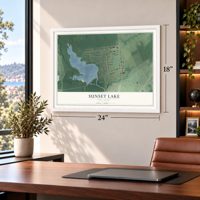 Sunset Lake, New Jersey map, 18 x 24 inch print in a white frame in a home office