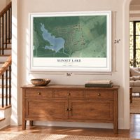 Sunset Lake, New Jersey map, 24 x 36 inch print in a white frame above a dresser by a staircase