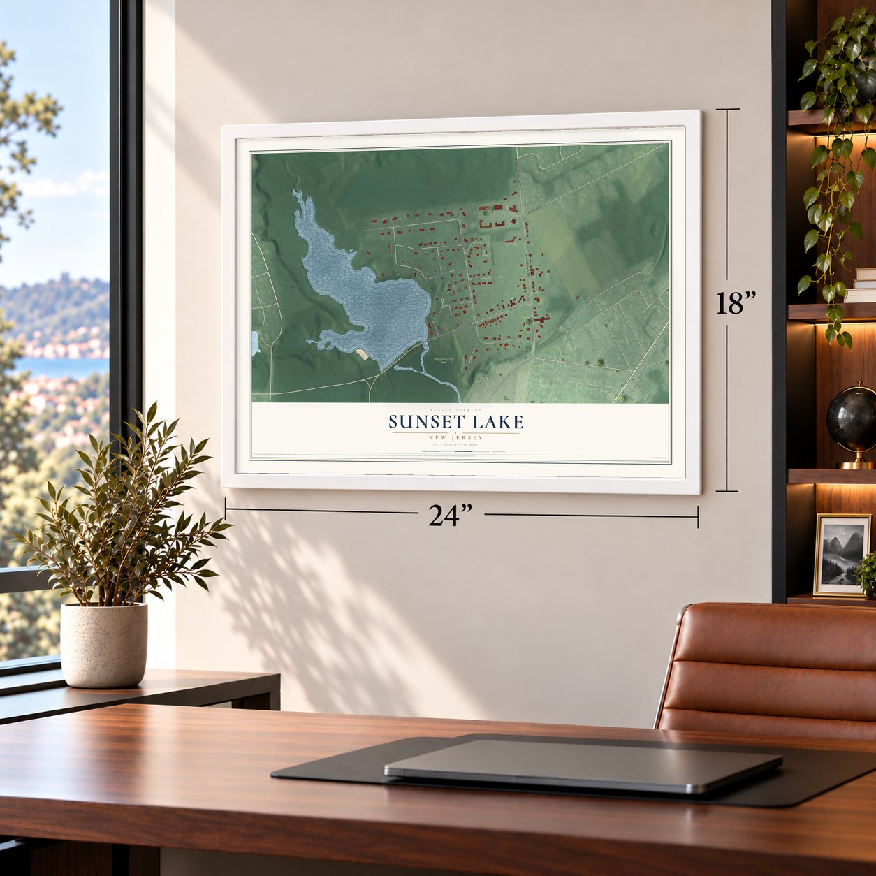 Sunset Lake, New Jersey map, 18 x 24 inch print in a white frame in a home office
