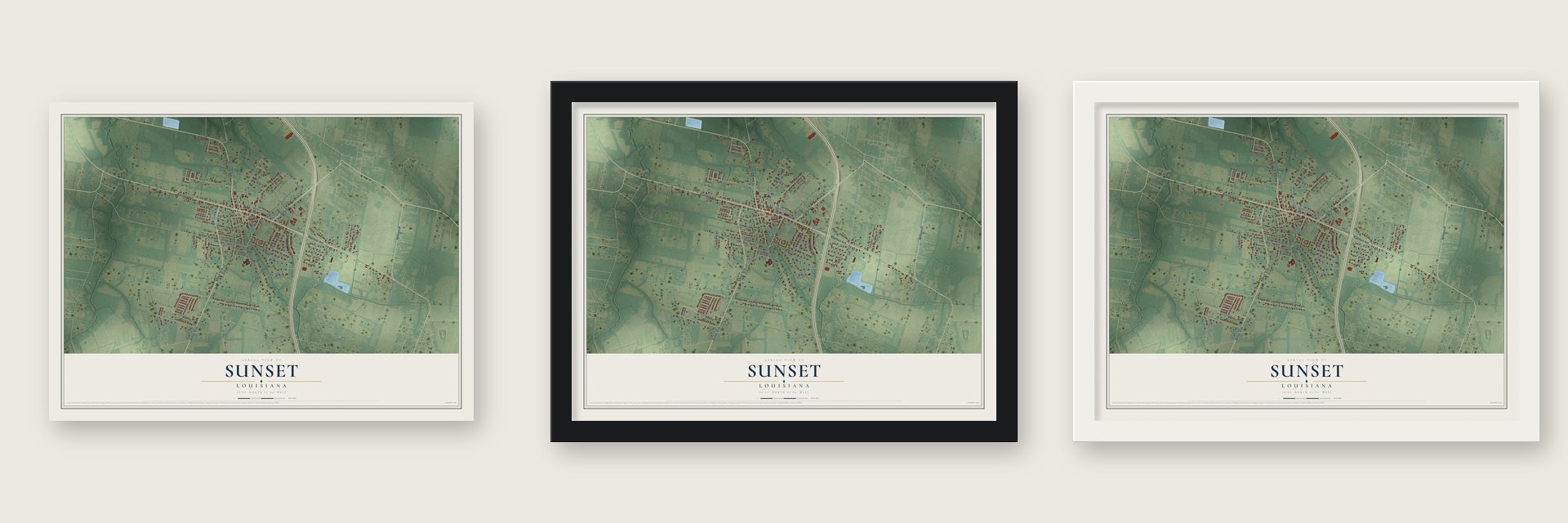 Sunset, Louisiana map unframed, in a black wood frame and in a white wood frame