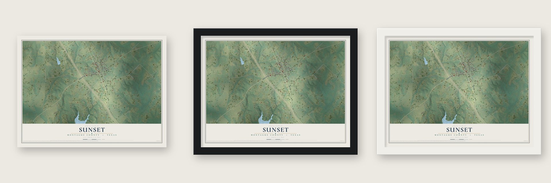 Sunset, Montague County, Texas map unframed, in a black wood frame and in a white wood frame