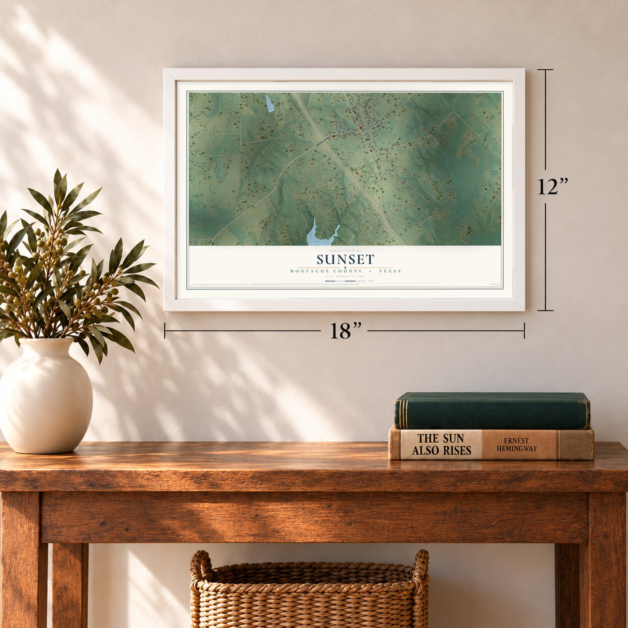 Sunset, Montague County, Texas map, 12 x 18 inch print in a white frame in an entryway