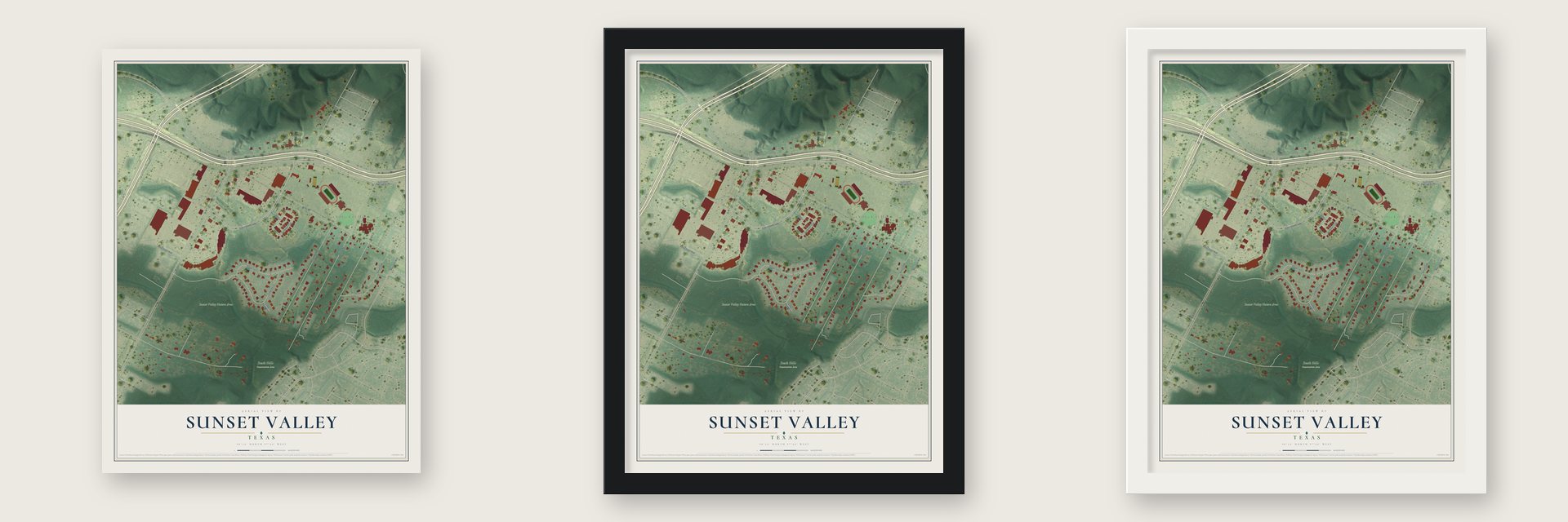Sunset Valley, Texas map unframed, in a black wood frame and in a white wood frame