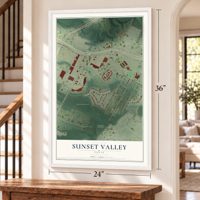 Sunset Valley, Texas map, 24 x 36 inch print in a white frame by a staircase
