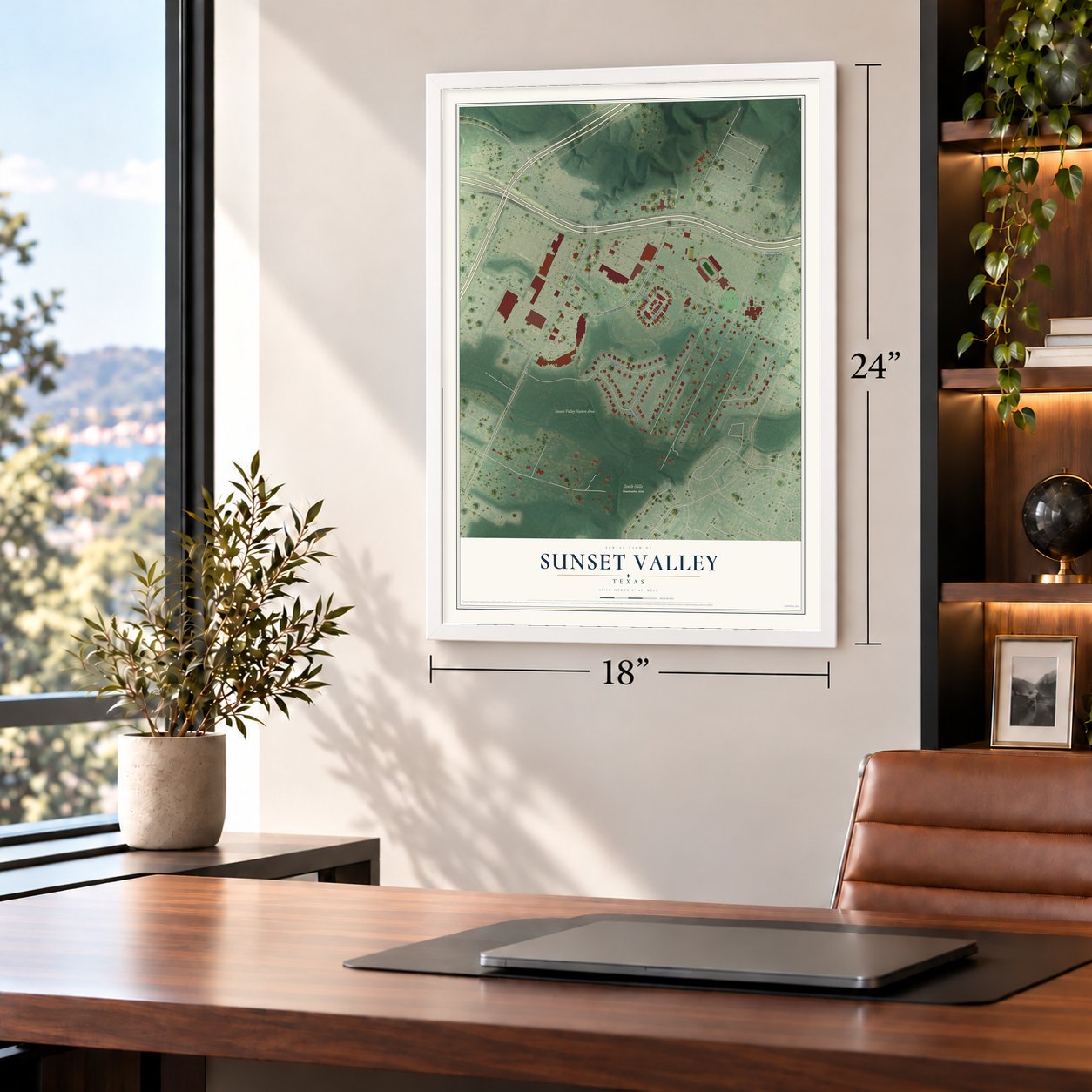 Sunset Valley, Texas map, 18 x 24 inch print in a white frame in a home office