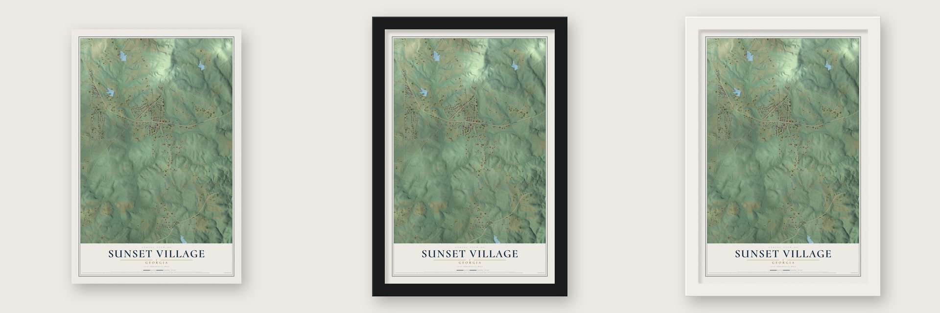 Sunset Village, Georgia map unframed, in a black wood frame and in a white wood frame