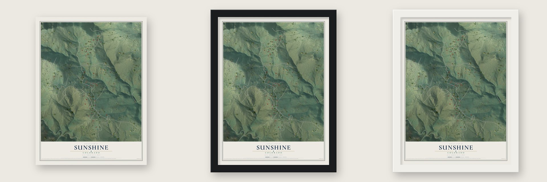 Sunshine, Colorado map unframed, in a black wood frame and in a white wood frame