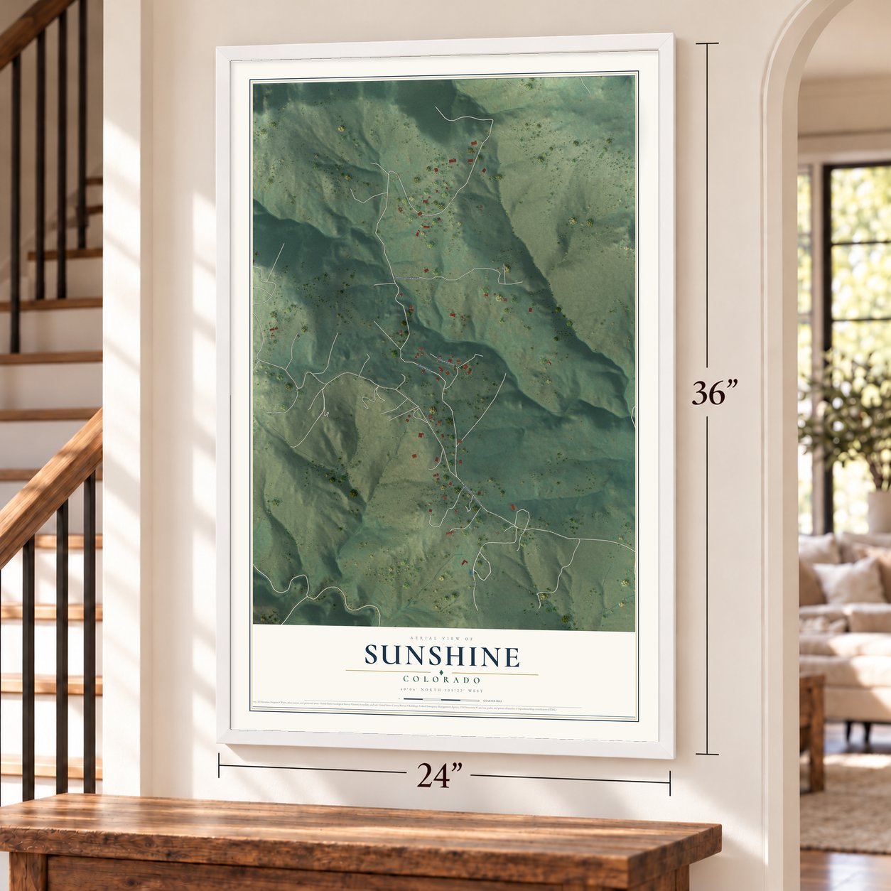 Sunshine, Colorado map, 24 x 36 inch print in a white frame by a staircase