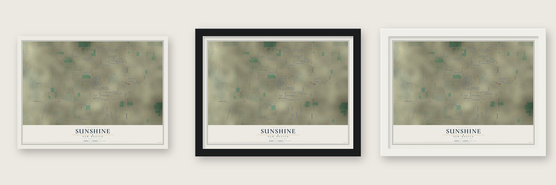 Sunshine, New Mexico map unframed, in a black wood frame and in a white wood frame