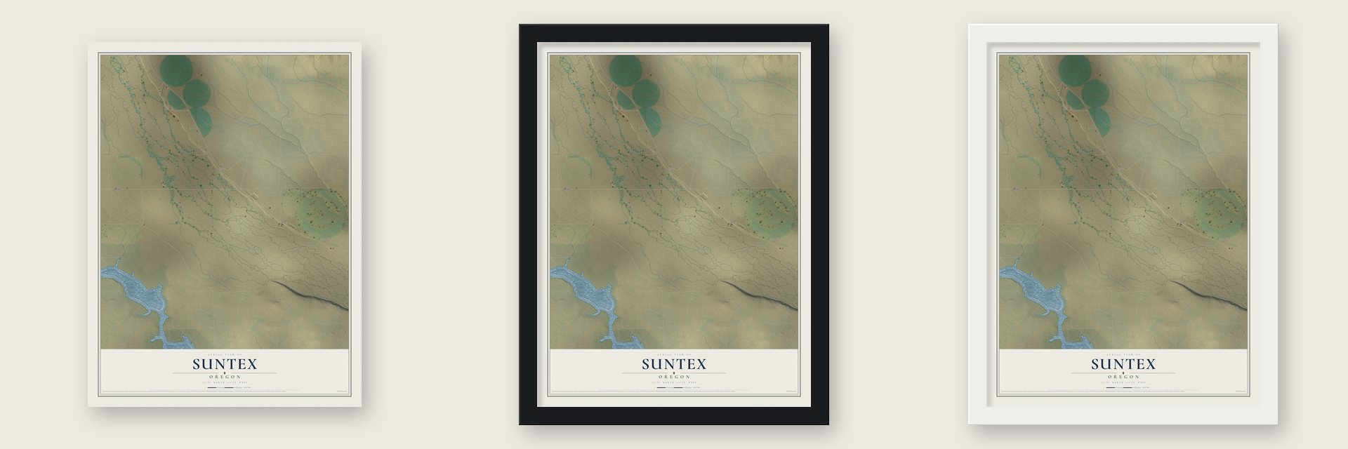 Suntex, Oregon map unframed, in a black wood frame and in a white wood frame