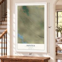 Suntex, Oregon map, 24 x 36 inch print in a white frame by a staircase