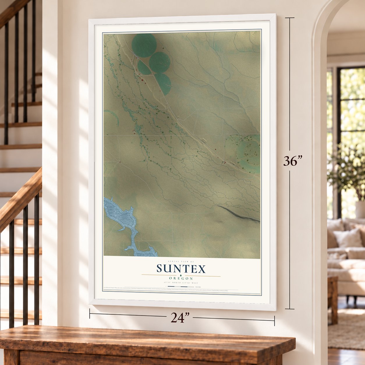 Suntex, Oregon map, 24 x 36 inch print in a white frame by a staircase