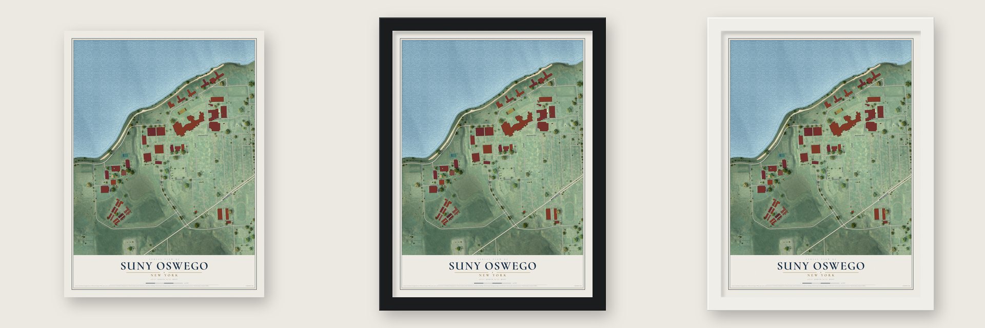 SUNY Oswego, New York map unframed, in a black wood frame and in a white wood frame