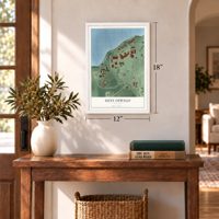 SUNY Oswego, New York map, 12 x 18 inch print in a white frame in an entryway