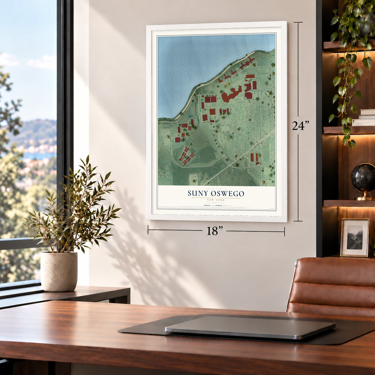SUNY Oswego, New York map, 18 x 24 inch print in a white frame in a home office