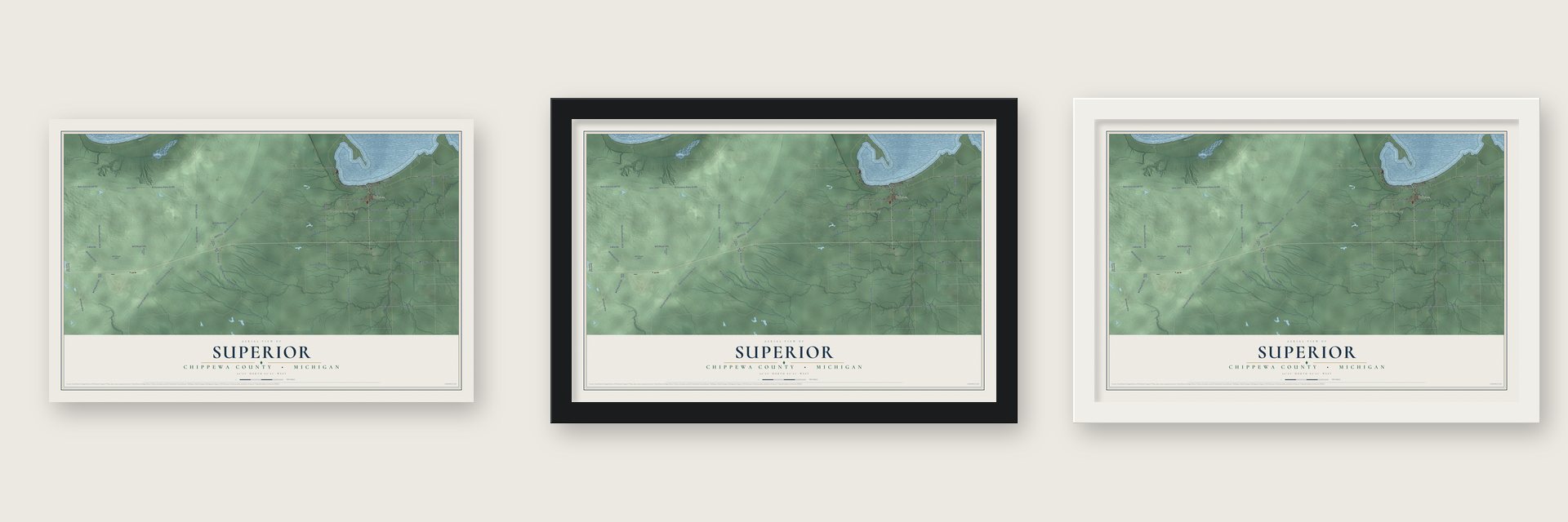 Superior, Chippewa County, Michigan map unframed, in a black wood frame and in a white wood frame