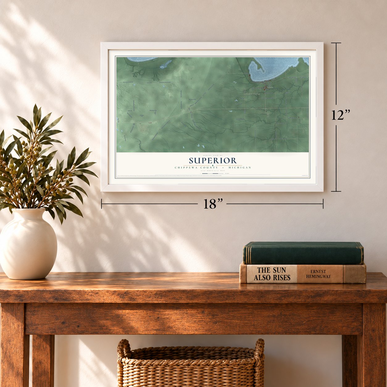 Superior, Chippewa County, Michigan map, 12 x 18 inch print in a white frame in an entryway