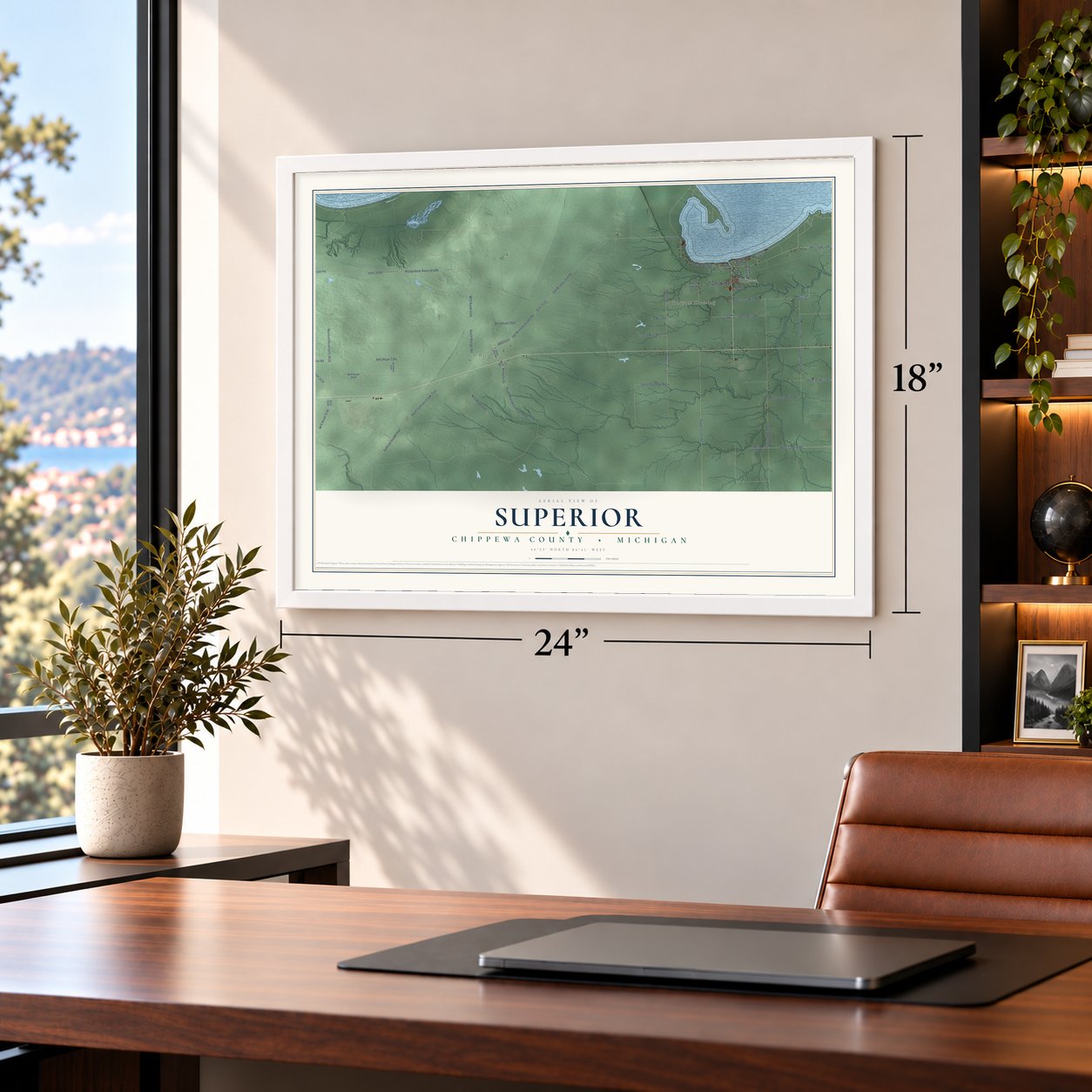 Superior, Chippewa County, Michigan map, 18 x 24 inch print in a white frame in a home office