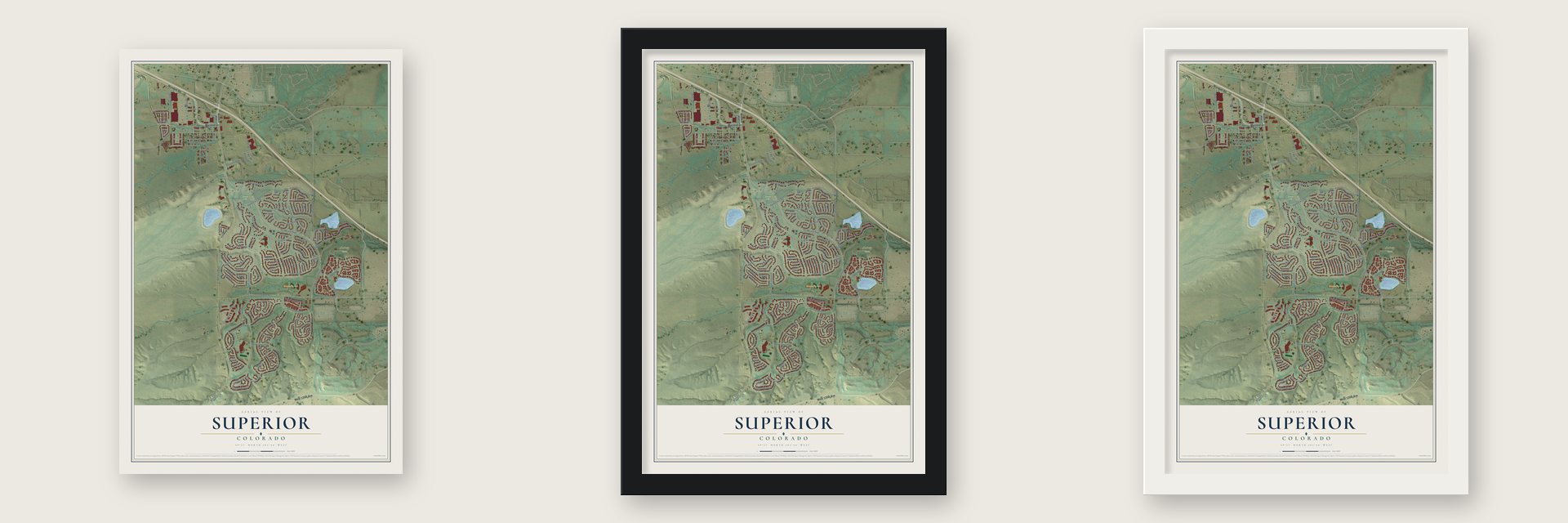 Superior, Colorado map unframed, in a black wood frame and in a white wood frame