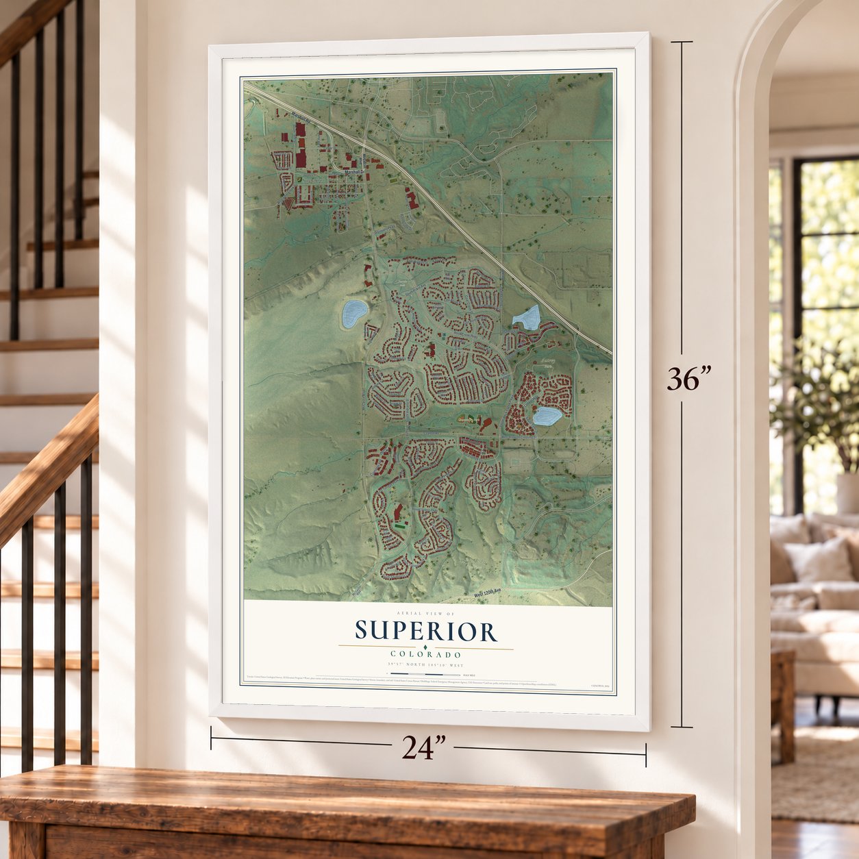 Superior, Colorado map, 24 x 36 inch print in a white frame by a staircase