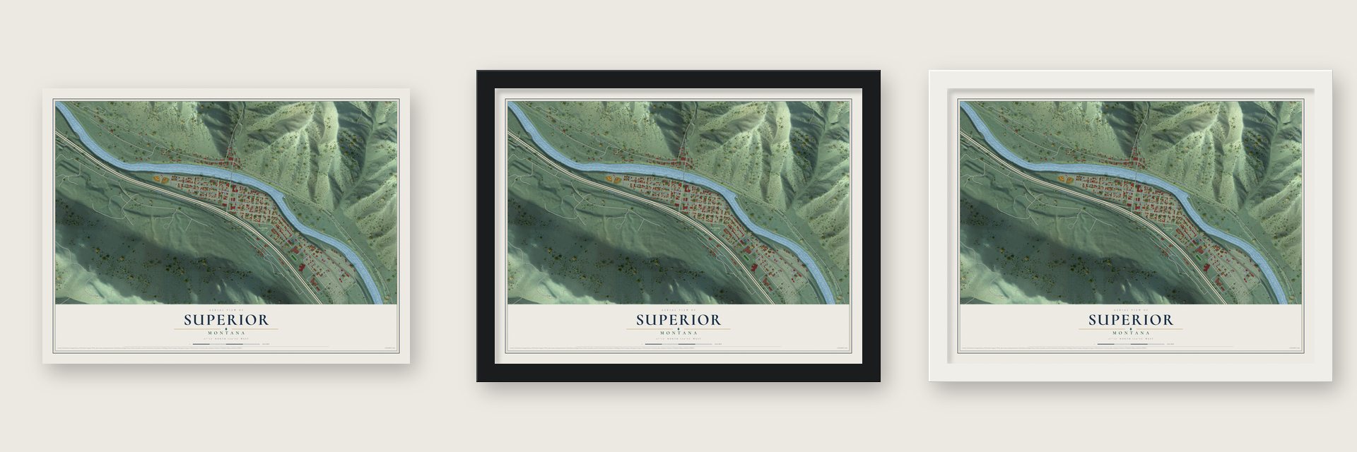 Superior, Montana map unframed, in a black wood frame and in a white wood frame