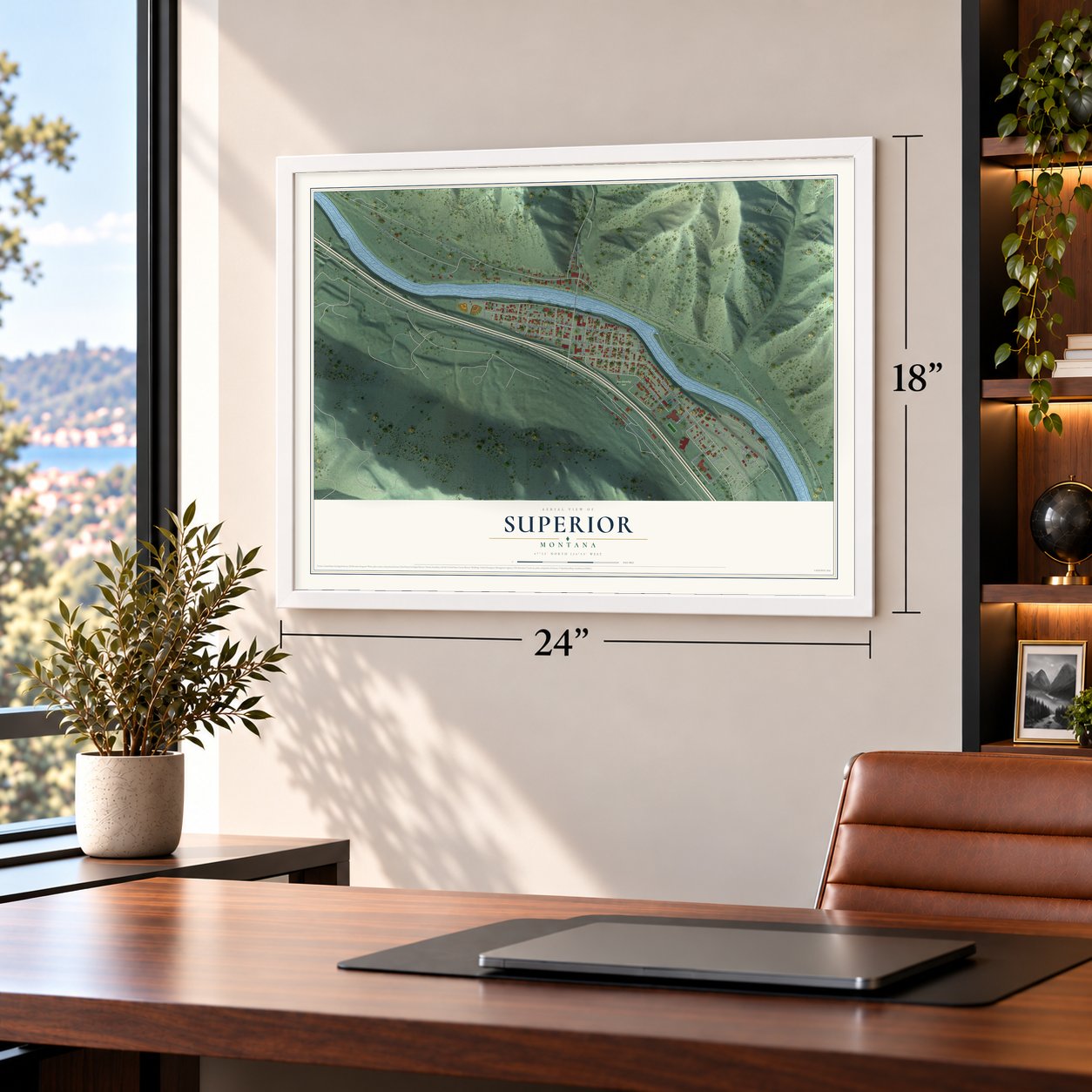 Superior, Montana map, 18 x 24 inch print in a white frame in a home office