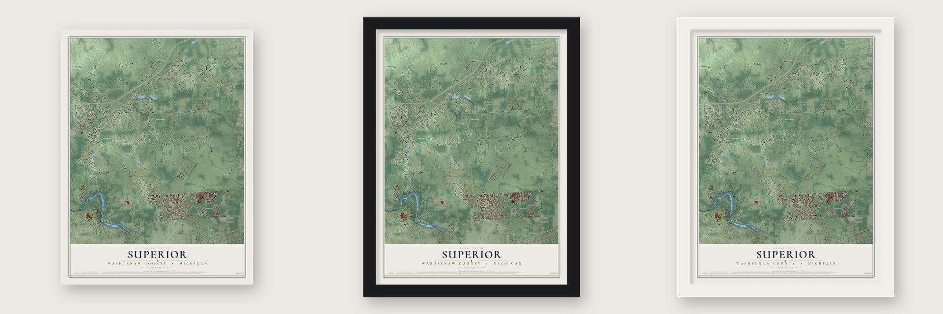 Superior, Washtenaw County, Michigan map unframed, in a black wood frame and in a white wood frame
