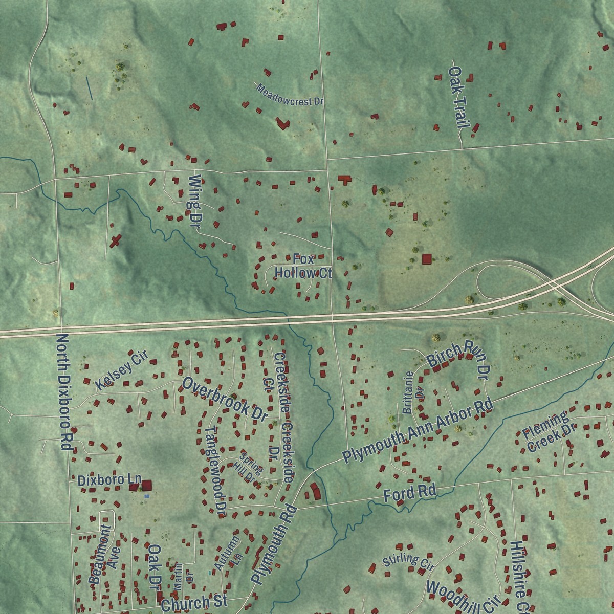 Second close-up of the map of Superior, Washtenaw County, Michigan print showing more streets and buildings